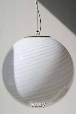 Vintage 1970s Murano White Swirl Glass Globe Chrome Pendant Light Kitchen Island