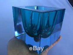 Vintage 1970s Very Large Murano Sommerso Block Bowl in Shades of Blue