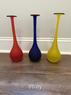 Vintage 1980's Carlo Moretti Set Of 3 Murano Glass Vases Blue Red Yellow