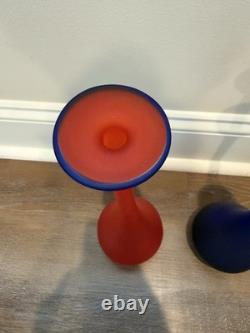 Vintage 1980's Carlo Moretti Set Of 3 Murano Glass Vases Blue Red Yellow