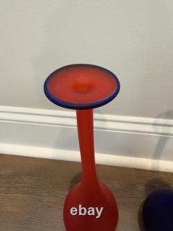 Vintage 1980's Carlo Moretti Set Of 3 Murano Glass Vases Blue Red Yellow
