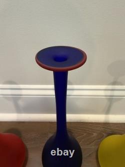 Vintage 1980's Carlo Moretti Set Of 3 Murano Glass Vases Blue Red Yellow
