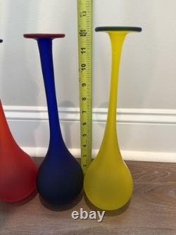 Vintage 1980's Carlo Moretti Set Of 3 Murano Glass Vases Blue Red Yellow
