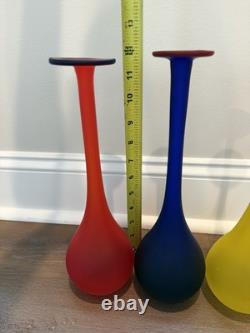 Vintage 1980's Carlo Moretti Set Of 3 Murano Glass Vases Blue Red Yellow