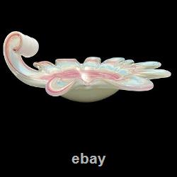 Vintage 1980s Murano Art Glass Blue Pink Bronze Cotton Candy Swirl Console Bowl