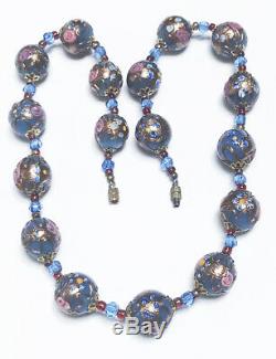 Vintage 50's Venetian Murano Blue Wedding Cake Glass Beads Necklace 18 Italy
