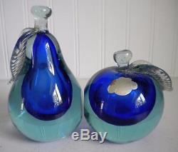 Vintage 50s 60s Pair Barbini Pear & Apple Murano Art Glass Bookends Set Cobalt