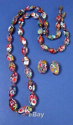 Vintage 50s Venetian Murano Moretti Millefiori Glass Bead Necklace Earrings Set