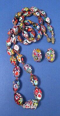 Vintage 50s Venetian Murano Moretti Millefiori Glass Bead Necklace Earrings Set