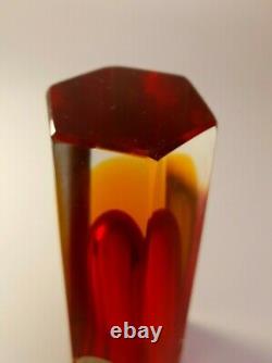 Vintage 60s Mandruzzato Amber/Red Sommerso Murano Hexagon Faceted Art Glass Vase