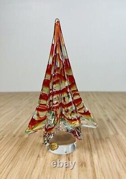 Vintage 9 Murano Clear Art Glass Christmas Tree Red and Green Stripes EUC