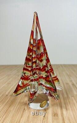 Vintage 9 Murano Clear Art Glass Christmas Tree Red and Green Stripes EUC