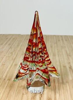 Vintage 9 Murano Clear Art Glass Christmas Tree Red and Green Stripes EUC