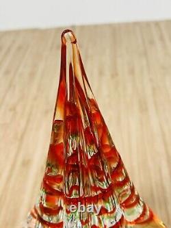 Vintage 9 Murano Clear Art Glass Christmas Tree Red and Green Stripes EUC