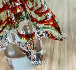 Vintage 9 Murano Clear Art Glass Christmas Tree Red and Green Stripes EUC