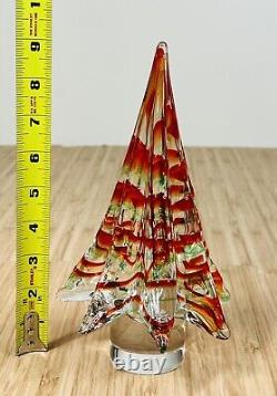 Vintage 9 Murano Clear Art Glass Christmas Tree Red and Green Stripes EUC