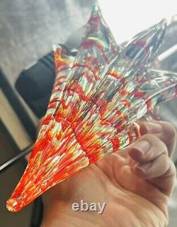 Vintage 9 Murano Clear Art Glass Christmas Tree Red and Green Stripes EUC