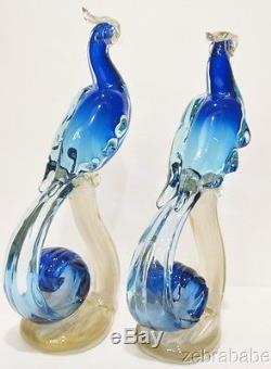 Vintage Alfredo Barbini Murano Bird of Paradise Figurines Pair Cobalt Blue 12