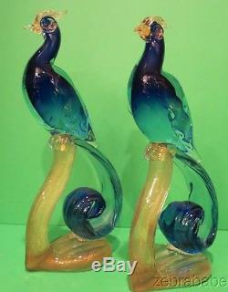Vintage Alfredo Barbini Murano Bird of Paradise Figurines Pair Cobalt Blue 12