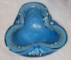 Vintage Alfredo Barbini Murano Blue, Gold Adventurine Glass Bowl, or Ashtray MCM