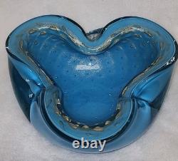 Vintage Alfredo Barbini Murano Blue, Gold Adventurine Glass Bowl, or Ashtray MCM