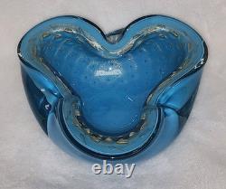 Vintage Alfredo Barbini Murano Blue, Gold Adventurine Glass Bowl, or Ashtray MCM