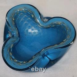 Vintage Alfredo Barbini Murano Blue, Gold Adventurine Glass Bowl, or Ashtray MCM