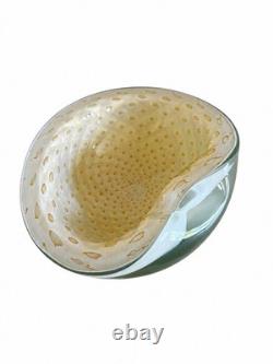 Vintage Alfredo Barbini Murano Glass Bowl Bullicante Gold Dust White Italian 7