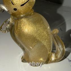Vintage Alfredo Barbini Murano Glass Gold Flakes Cat Figurine / 50s Mid Century