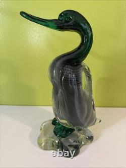Vintage Alfredo Barbini VAMSA Murano Green Glass Duck Sfumato Bullicante, 11.5