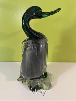 Vintage Alfredo Barbini VAMSA Murano Green Glass Duck Sfumato Bullicante, 11.5