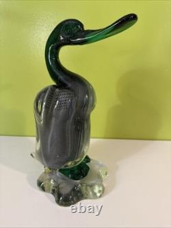 Vintage Alfredo Barbini VAMSA Murano Green Glass Duck Sfumato Bullicante, 11.5
