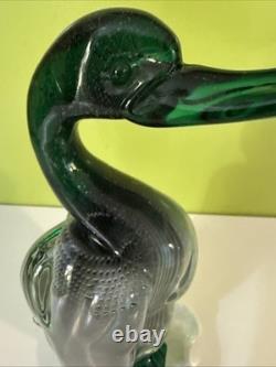 Vintage Alfredo Barbini VAMSA Murano Green Glass Duck Sfumato Bullicante, 11.5