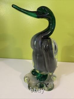 Vintage Alfredo Barbini VAMSA Murano Green Glass Duck Sfumato Bullicante, 11.5