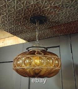 Vintage Amber Bubble Glass Hanging Pendant Light Fixture Blown Glass Murano