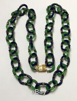 Vintage Archimede Seguso For Chanel Blue & Green Murano Glass Chain Necklace 32