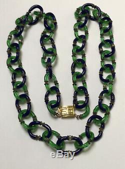 Vintage Archimede Seguso For Chanel Blue & Green Murano Glass Chain Necklace 32