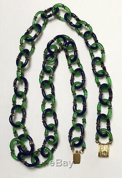 Vintage Archimede Seguso For Chanel Blue & Green Murano Glass Chain Necklace 32