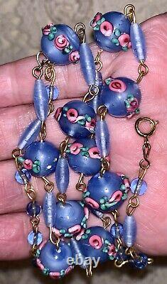 Vintage Art Deco Murano Venetian Blue Pink Wedding Cake Glass Beads Necklace