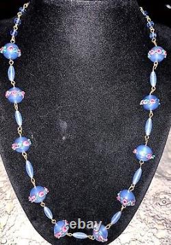 Vintage Art Deco Murano Venetian Blue Pink Wedding Cake Glass Beads Necklace