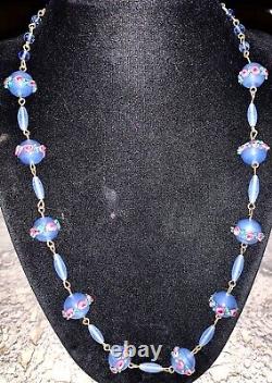 Vintage Art Deco Murano Venetian Blue Pink Wedding Cake Glass Beads Necklace