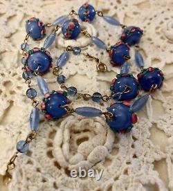 Vintage Art Deco Murano Venetian Blue Pink Wedding Cake Glass Beads Necklace