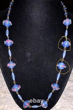 Vintage Art Deco Murano Venetian Blue Pink Wedding Cake Glass Beads Necklace