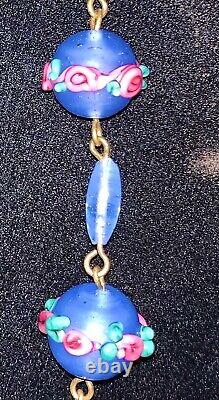 Vintage Art Deco Murano Venetian Blue Pink Wedding Cake Glass Beads Necklace
