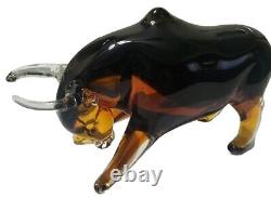 Vintage Art Glass Bull Murano Style Italian 2 Tone Handmade Whiskey Brown 8×4
