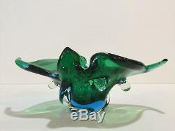 Vintage Art Glass Murano Green & Blue Bowl, 11 1/2 Widest x 5 1/2 x 4 3/4 H