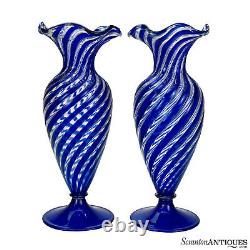 Vintage Arte Vetraria Murano Italian Blue Spiral Blown Art Glass Vases A Pair