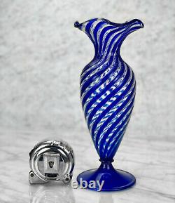 Vintage Arte Vetraria Murano Italian Blue Spiral Blown Art Glass Vases A Pair