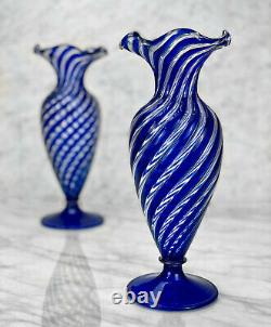 Vintage Arte Vetraria Murano Italian Blue Spiral Blown Art Glass Vases A Pair