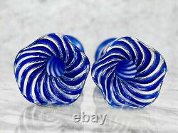 Vintage Arte Vetraria Murano Italian Blue Spiral Blown Art Glass Vases A Pair